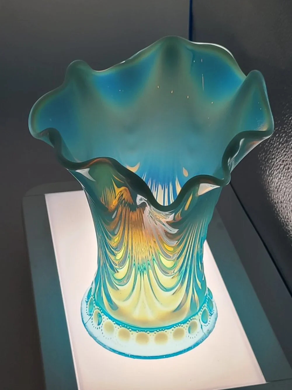 Antique Northwood Jewel & Drapery Swung Vase Blue Opalescent Glass 7